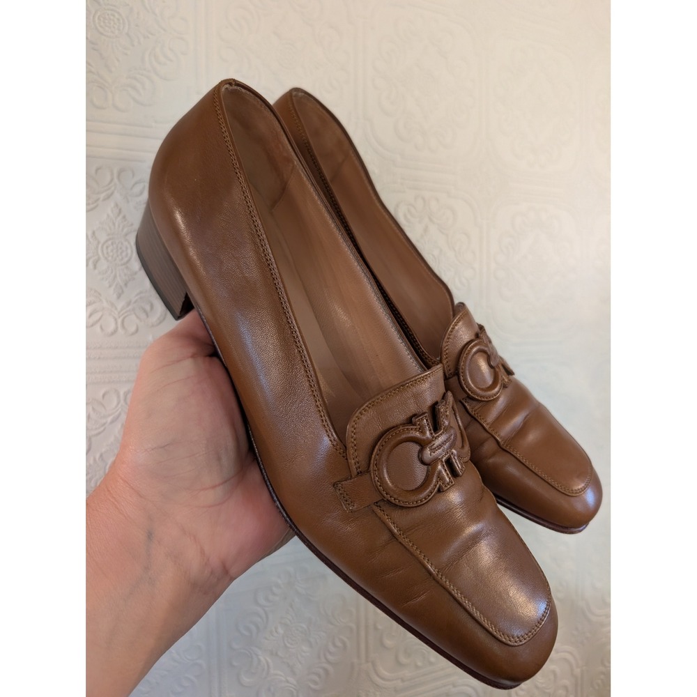 Salvatore Ferragamo Brown Leather Gancini Loafers Square Toe 9 2A Italy